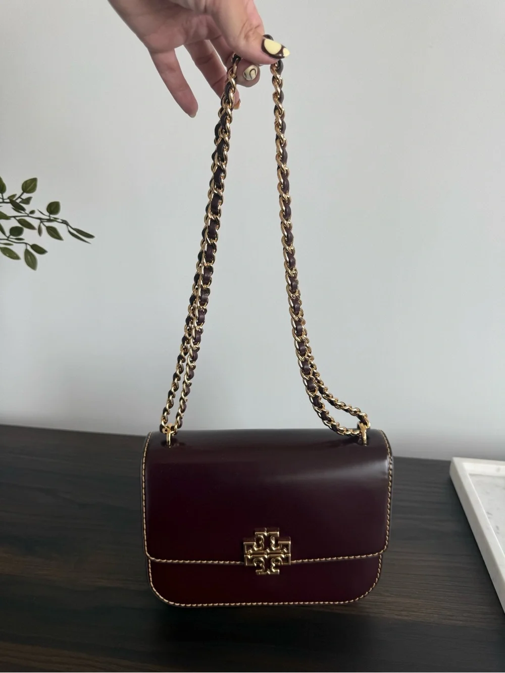 Tory Burch Convertible Chain Crossbody Bag in Burgundy with Gold Hardware